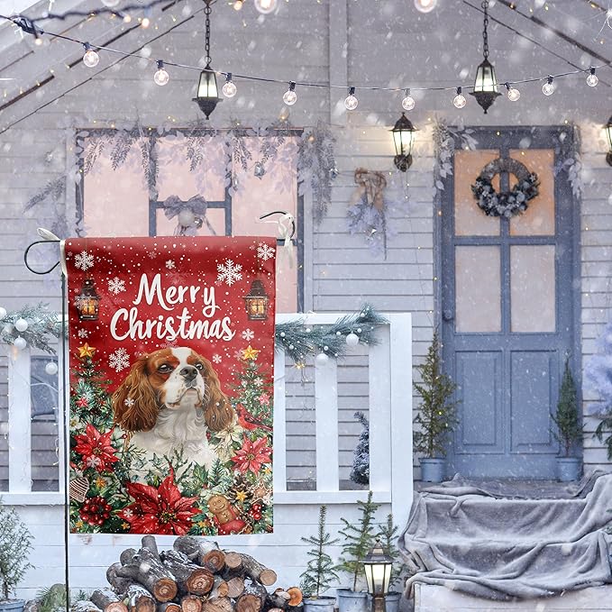 Christmas Cavalier King Charles Spaniel Garden Flag Merry Christmas Dog Yard Flag for Outside Xmas Flags 12x18 Double Sided Red Poinsettia Garden Flags Winter Porch Decorations Outdoor