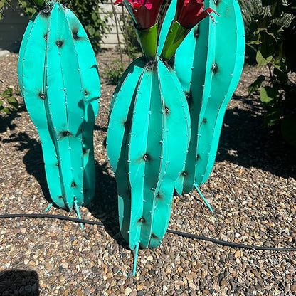 Handmade Metal Peanut Cactus with Flower - Garden Art (Turquoise (21 inches))
