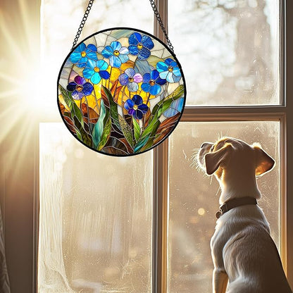 Stained Glass Window Hanging - Blue Wildflower Plant Flowers Sun Catcher for Door Garden Home Decor Suncatcher Christmas Mother's Day Birthday Gifts for Women Men Mom Nana 11.8 in