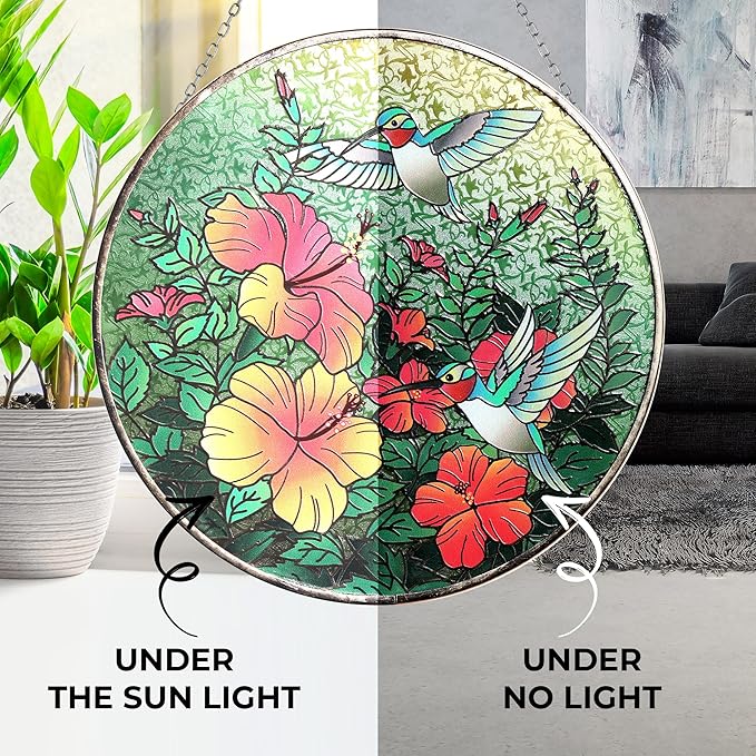 Hanway Suncatcher in Colorful Stained Glass 12" Dia - Genuine Brightly Colored Glass, Protective Metal Edge, Ready to Use Hanging Chain, for Window, Garden (Butterfly) (Hummingbird)