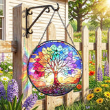 Stained Glass Window Hanging, Colorful Tree of Life Suncatcher 7.8 in Sun Catcher Boho Wall Art Decor with Chain Diamond Glass Panel Hangings Scenery Sun Catchers Decor for Lover Couple Mom
