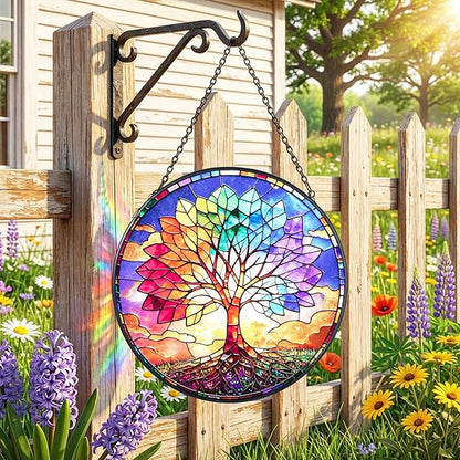 Stained Glass Window Hanging, Colorful Tree of Life Suncatcher 7.8 in Sun Catcher Boho Wall Art Decor with Chain Diamond Glass Panel Hangings Scenery Sun Catchers Decor for Lover Couple Mom