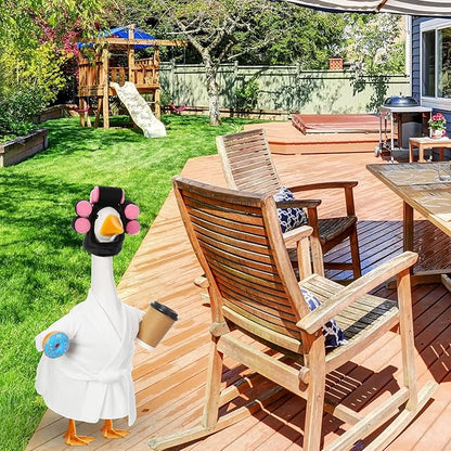Shyyween Winter Goose Outfit Lady Porch Goose Outfit for 23'' Cement Plastic Geese Statue Clothes White Bathrobe Curlers Coffee Cup for Outdoor Garden Lawn Yard Patio Decoration