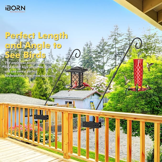 iBorn Fence Deck Hook Rail Heavy Duty Hummingbird Feeder Hanger 28 Inch Railing Hanging Hook for Bird Feeder, Suet Baskets, Planters, Wind Chimes, Solid Wire, 180 Degree Rotary, Pack of 2