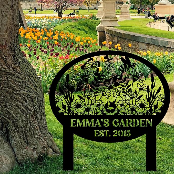 Metal Signs Customized, Personalized Garden Stake Metal Sign, Custom Garden Name Sign, Custom Date Sign with Stakes for Outside, Home Backyard Decor, Farmhouse Patio Decorations, Housewarming Gift