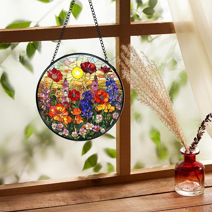 Flower Sunset Stained Glass Window Hanging, Cottagecore Wildflower Sun Catchers Indoor Window Round Glass Wall Art Decor, Floral Suncatcher Wall Hanging Decorations, Lawn Care
