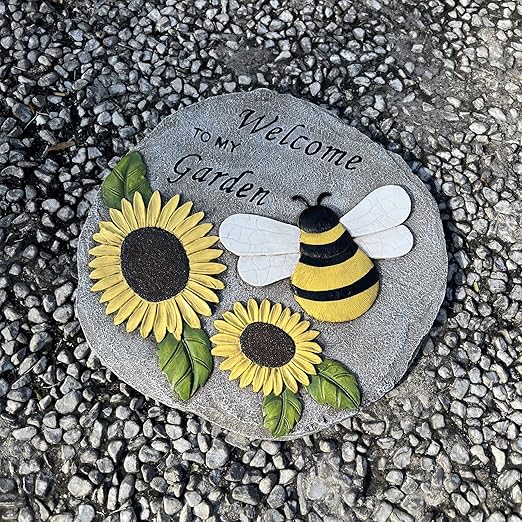 Welcome to My Garden Stepping Stone, Decorative Stone Statue for Garden, Funny Stepping Stone for Patio, Balcony, Yard, Lawn Decorative, Spring in Garden Collection (Bees)