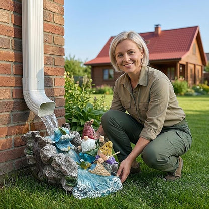Gnome Statue Splash Block Gutter Downspout Extensions Garden Decor, Decorative of Gutters Downspout Rain Concrete Pond Splash Block, Elf Bro Downspout Statues with Waterwheel Accessory, 11.6"L x 6.9"W