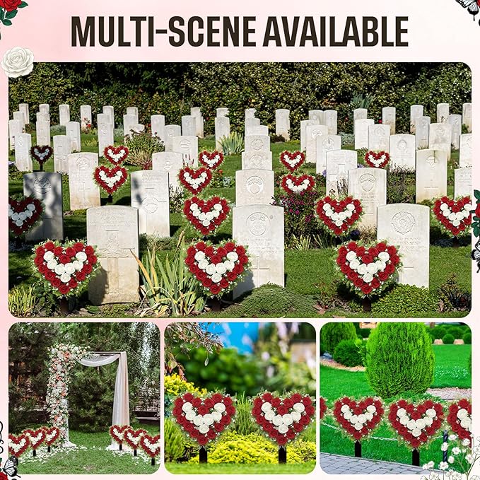 Frienda 2 Sets Cemetery Flowers Grave Stake Metal Floral Decor for Tombstone, Outdoor Gravesite Markers for Mom Dad, Memorial Day Spring Easter Grave Decor(Heart,Red,White)