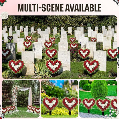 Frienda 2 Sets Cemetery Flowers Grave Stake Metal Floral Decor for Tombstone, Outdoor Gravesite Markers for Mom Dad, Memorial Day Spring Easter Grave Decor(Heart,Red,White)