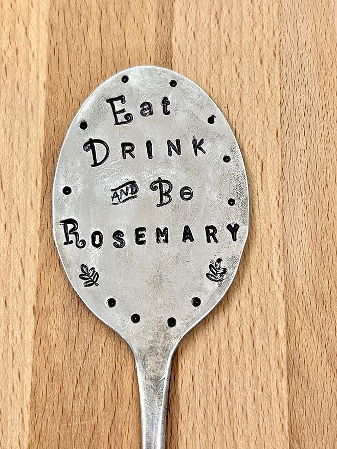 Funny Herb Marker, Eat Drink and Be Rosemary, Vintage Silver plate Spoon hand stamped one letter at a time, Great gift for a gardener