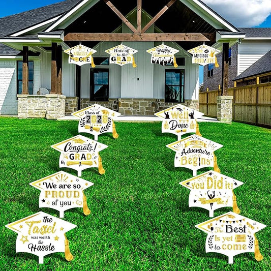 Chunful 12 Pack Graduation Yard Signs Grad Decoration 2026 Happy Graduate Lawn Garden Sign with Stake Congrats Outdoor Plastic Cap Hanging Ornament for Class Pathway Walkway Porch Party(White Gold)