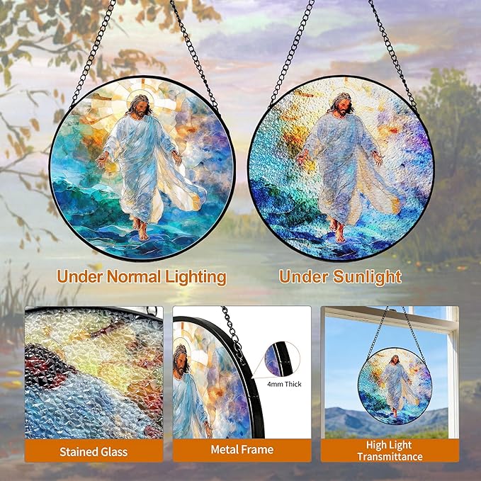 7.88'' Jesus Stained Glass Window Hanging,Christian Jesus Suncatchers Stained Glass Hanging with Hook Chain for Window, Sun Catchers Home Decor for Mother's Day Birthday for Women, Men, Wife, Mom