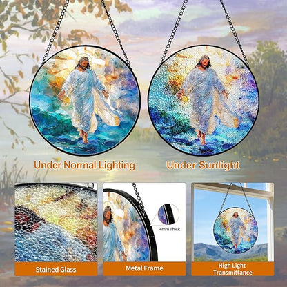 7.88'' Jesus Stained Glass Window Hanging,Christian Jesus Suncatchers Stained Glass Hanging with Hook Chain for Window, Sun Catchers Home Decor for Mother's Day Birthday for Women, Men, Wife, Mom