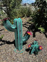 Colorful Metal Saguaro Cactus with Flowers - Handmade Garden Decor (Turquoise)
