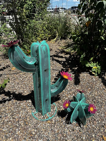 Colorful Metal Saguaro Cactus with Flowers - Handmade Garden Decor (Turquoise)