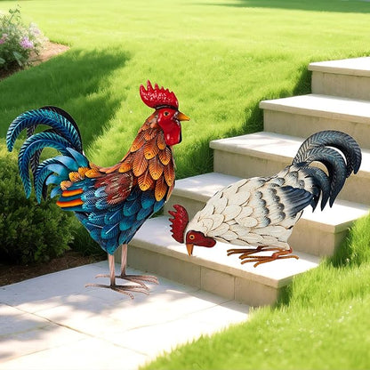 Shorayn Metal Rooster Statues, Outdoor Garden Metal Chicken Decor, Garden Sculptures Chicken Ornaments Yard Art for Backyard Patio Lawn Decorations, Set of 2