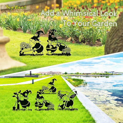 4PCS Gnomes Metal Decoration, Garden Gnome Metal Yard Art, Adorable Gnome Yard Ornament Stakes for Garden, Flower Bed and Patio