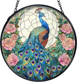 TNUW Peacock Flower Stained Glass Window Hanging, Peacock Decor Sun Catchers Indoor Window Glass Round Wall Art Decor, Bird Floral Wall Hanging Decorations, 7.9＂x7.9＂Suncatchers