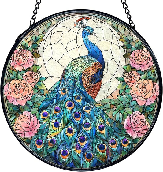 TNUW Peacock Flower Stained Glass Window Hanging, Peacock Decor Sun Catchers Indoor Window Glass Round Wall Art Decor, Bird Floral Wall Hanging Decorations, 7.9＂x7.9＂Suncatchers