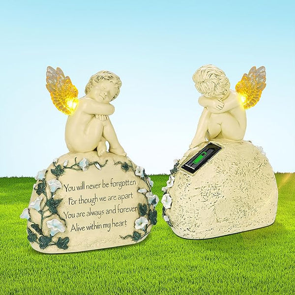 Inyasnowdis Solar Garden Angel Memorial Statue - Bereavement Gifts for Loved Ones & Pets, Hand-Painted Garden Sculpture with Engraved Stone Cemetery Grave Decorations