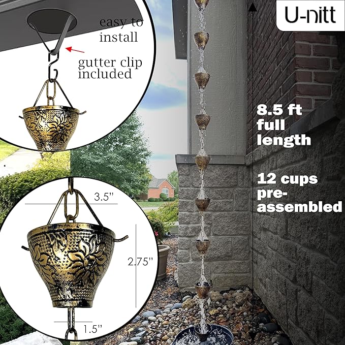 U-nitt Rain Chain Water Collection for Gutters Rainwater Catcher & Diverter, 8.5 FT Chains for Outside Garden, Sunflower Cups, Roof Downspout, Works with Heavy Rain, w/Gutter Clip for Rainchains