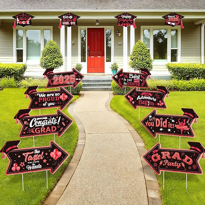Class of 2026 Graduation Yard Sign Arrow for Outdoor Pathway,Graduation Cap Hanging Yard Signs,Black Red This Way Yard Signs with Stakes Ribbon,Graduation Party Decor for College High School