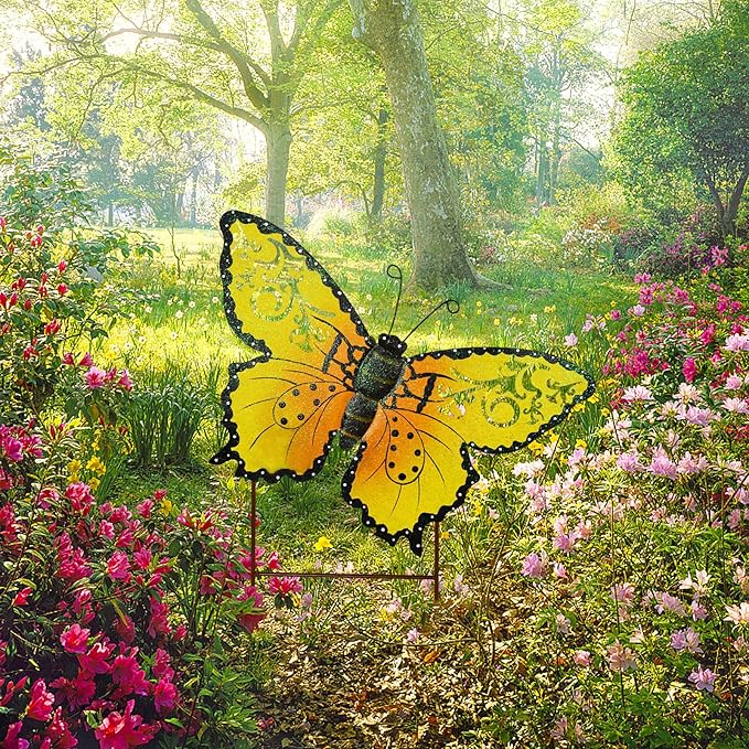 Decorative Butterfly Garden Decor Outdoor Butterfly Garden Stake Decor, Metal Butterfly Yard Stake Garden Insect Decor Patio Lawn Backyard Decor (Yellow)