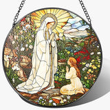 8 Inch Lady of Lourdes Stained Glass Suncatcher, Stained Glass Window Hanging, Virgin Mary Religious Window Hanging, Gift for Mothers Day, Catholic Home Decor, Faith Gift for Christian, Religious Gift