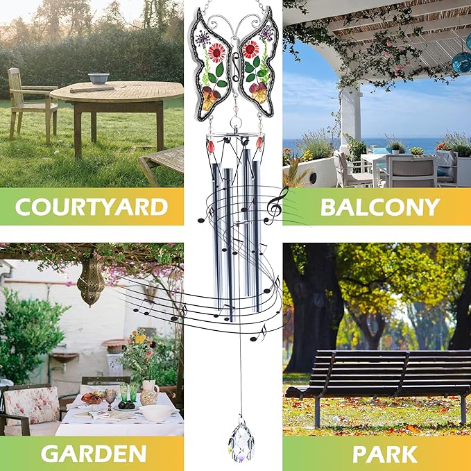KY&BOSAM Big Butterfly Wind Chime with Crystal Sympathy Wind Spinner Memorial Wind Chime for Loss of Loved One Bereavement Sympathy Memorial Gift for Loss of Mother Father Home Garden Decor