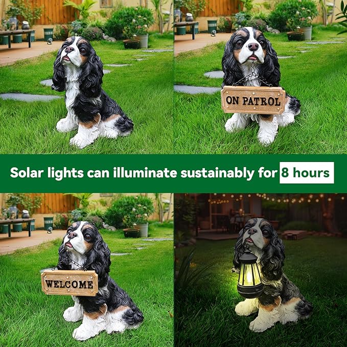 Cavalier King Charles Spaniel Dog Garden Statue with Solar Lantern, Interchangeable Welcome & On Patrol Signs, Resin Puppy Outdoor Decor Sculpture Lawn Ornament for Patio Yard Porch Gifts