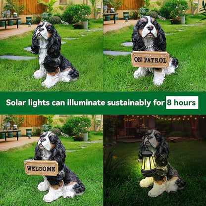 Cavalier King Charles Spaniel Garden Statue with Solar Lantern, Realistic Dog Sculpture, Birthday Gift for Women Mom Grandma, Housewarming Gift for New Home, Outdoor Resin Puppy Decor,Black & White