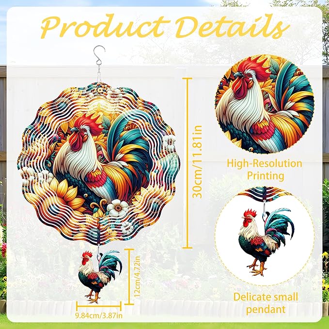 Rooster Wind Spinners, Chicken Gifts for Women Mom Grandma Wife, 12 inch 3D Stainless Steel Hanging Wind Spinners Outdoor for Garden Decorations, Christmas Thanksgiving Birthday Ornament Gifts