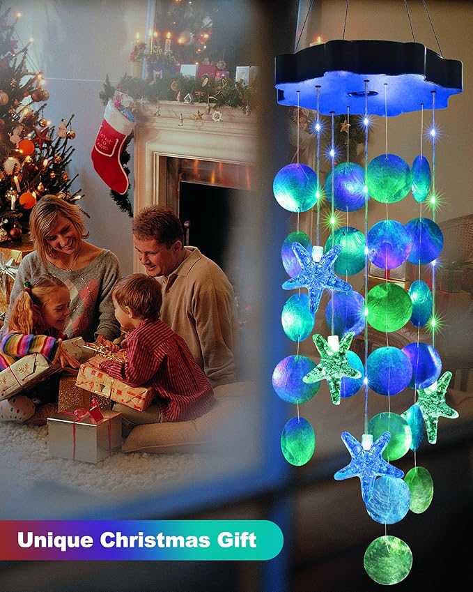 Toodour Solar Wind Chimes for Outside, Shells Light Gifts for Mom Grandma Women Wife Girls, Waterproof Solar Outdoor Decorative Mobile Light for Holiday Garden Porch Yard Outdoor Decor (Blue & Green)