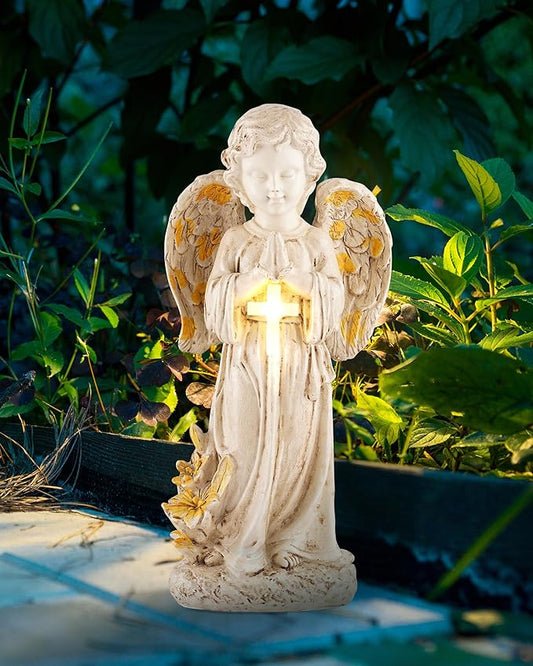 Solar Angel Statues for Outside, 12" Garden Solar Angel Figurines w/Lighted Cross, Guardian Angel for Cemetery, Yard, Pathway, Lawn Decor, Memorial Gardens Gifts for Mom Grandma Women
