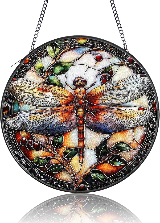 Stained Glass Suncatcher - Dragonfly Stained Glass Window Hanging for Home Decor, Garden & Patio - 6.3 Inch Vibrant Sun Catchers for Windows Hanging - Dragonfly Gifts for Women & Nature Lovers