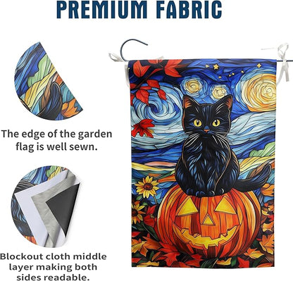 Stained Glass Black Cat Fall Garden Flag Halloween Pumpkin Yard Signs Autumn Sunflower Blue Sky Thanksgiving Banner for Outside 12x18 Double Sided Small Outdoor Decorative
