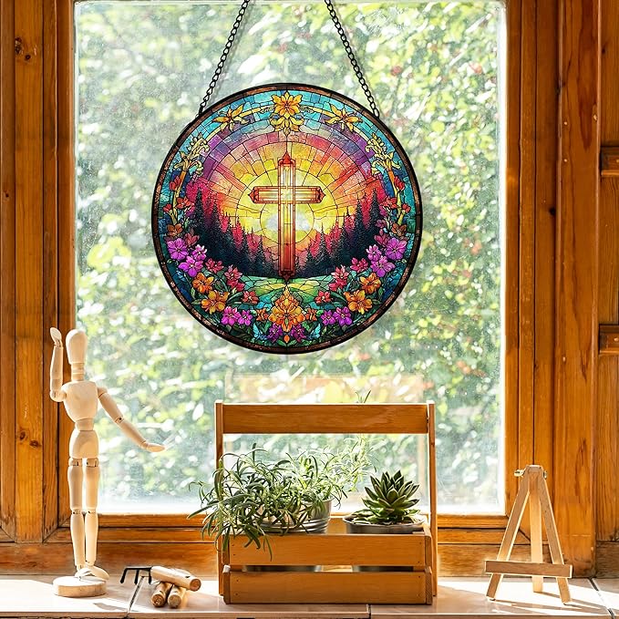 Christian Cross Suncatcher Garden Stained Glass Window Hanging, Christian Flower Sunset Sun Catchers Indoor Window Glass Round Wall Decor, Religious Wall Art Hanging Decorations, ＂7.8x7.8＂