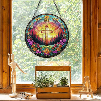 Christian Cross Suncatcher Garden Stained Glass Window Hanging, Christian Flower Sunset Sun Catchers Indoor Window Glass Round Wall Decor, Religious Wall Art Hanging Decorations, ＂7.8x7.8＂