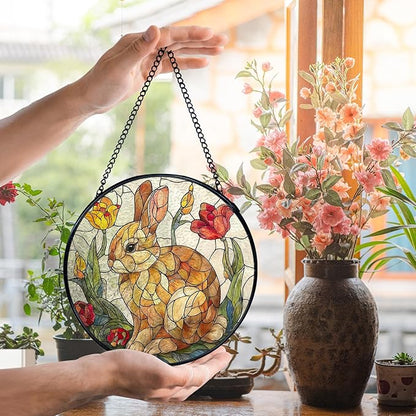 Easter Bunny Flower Suncatcher Stained Glass Window Hanging, Rabbit Floral Sun Catchers Indoor Window Glass Wall Art Decor, Easter Bunny Wall Hanging Decor Decorations, 7.9x7.9 Inch