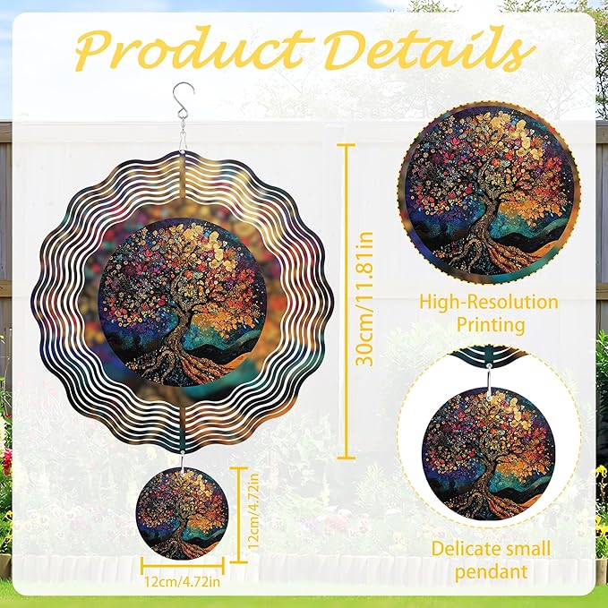Tree of Life Wind Spinners, Birthday Gifts for Women Mom Grandma Wife, 12 inch 3D Stainless Steel Hanging Wind Spinners Outdoor Decor for Garden Patio Yard Lawn Balcony Outside Decorations