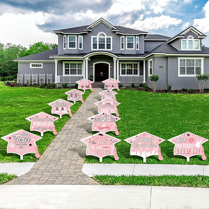 Chunful 12 Pack Graduation Yard Signs Grad Decoration 2026 Happy Graduate Lawn Garden Sign with Stake Congrats Outdoor Plastic Cap Hanging Ornament for Class Pathway Walkway Porch Party(Pink White)