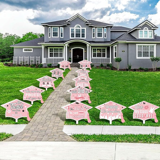 Chunful 12 Pack Graduation Yard Signs Grad Decoration 2026 Happy Graduate Lawn Garden Sign with Stake Congrats Outdoor Plastic Cap Hanging Ornament for Class Pathway Walkway Porch Party(Pink White)