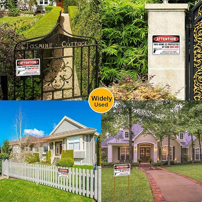 Showbellia 2 Pack Gun Signs This Home is Protected By GOD and Rust Free Aluminum, Weather/Fade Resistant, Easy Mounting, Indoor/Outdoor Use Metal Gun Sign (10"x 7") inches