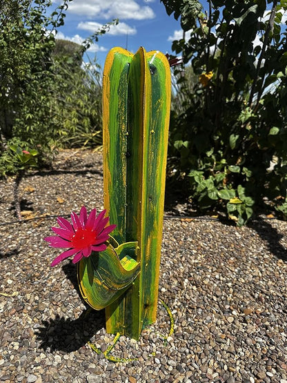 Colorful Metal Saguaro Cactus with Flowers - Handmade Garden Decor (Multicolor)