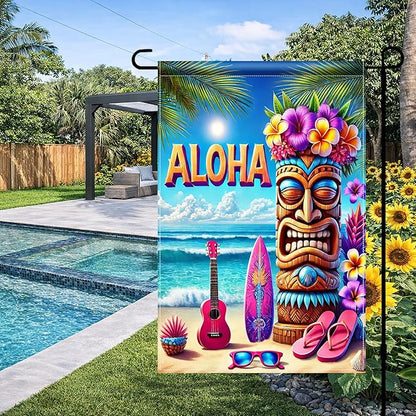 BlissYard Aloha Tiki Garden Flag 12x18 Double Sided Vertical Outdoor Decor Tropical Island Beach Tiki Mask Surf Guitar Summer Yard Garden Lawn Patio Banner