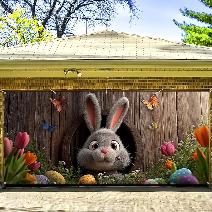 Easter Garage Door Banner Cover, Easter Bunny Colorful Eggs Spring Party Backdrop Decor, Garage Door Cover For Outdoor Yard Holiday Decoration (Cave Bunny)
