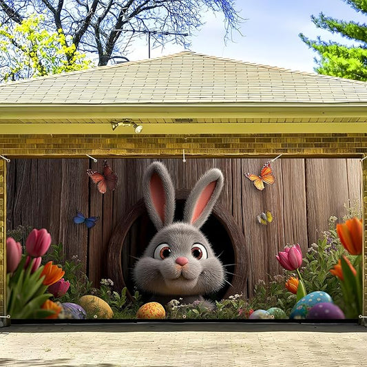 Easter Garage Door Banner Cover, Easter Bunny Colorful Eggs Spring Party Backdrop Decor, Garage Door Cover For Outdoor Yard Holiday Decoration (Cave Bunny)