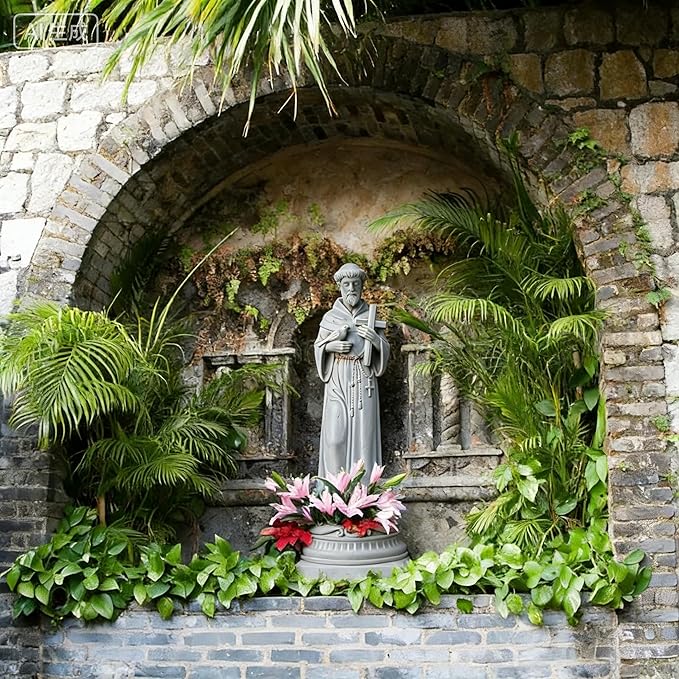 St Francis Garden Statue Outdoor - 24 in Garden Decorations Resin Standing Saint Francis with Cross Antique Finish Spiritual Gifts Religious Sculpture for Yard Lawn Farmhouse Decor Newman House Studio
