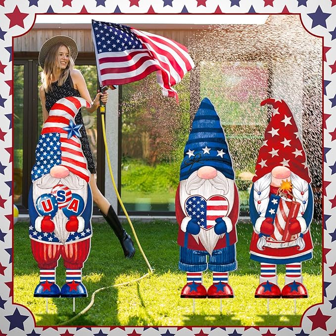 Umigy 3 Pcs 4th of July Yard Decor 32 x 10 Inch Outdoor Independence Day Gnome Yard Sign with Stakes Patriotic Red Blue White Lawn Garden Decoration United States 250th Anniversary Decor